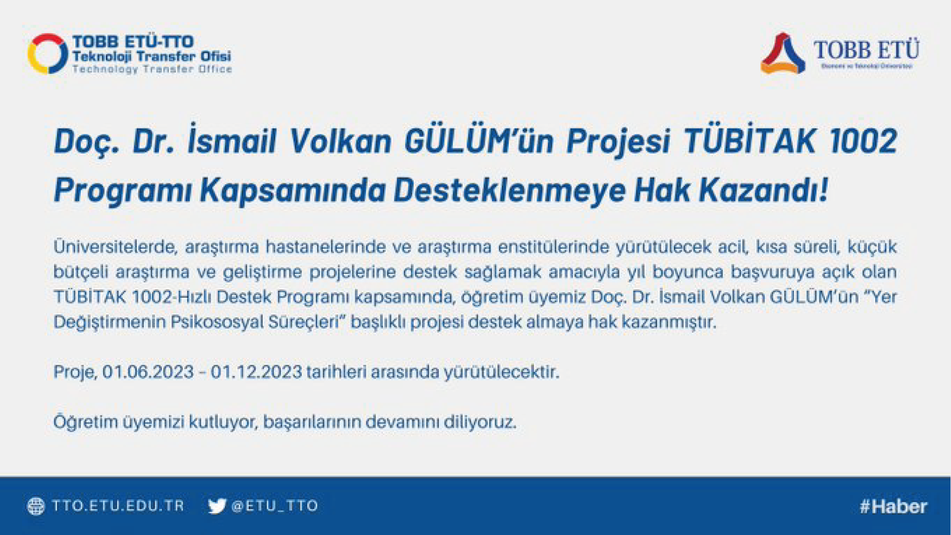 Projemiz TÜBİTAK 1002 Programı Kapsamında Desteklendi